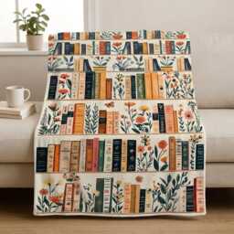 Vintage Library Blanket, Boho Wildflowers Bookish Quilt, Cottagecore Flower Book Gift, Retro Lover Quilt - thumbnail 1