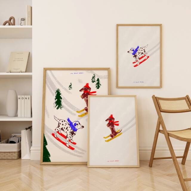 Skiing Dogs Print Set, Vintage Style, Mid Century Modern Wall Art - image 1
