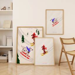 Skiing Dogs Print Set, Vintage Style, Mid Century Modern Wall Art - thumbnail 1