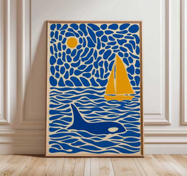 Sailboat & Whale Wall Art Print, Modern Nautical Poster, Ocean Inspired Minimalist Artwork, Coastal Home Decor - image 1