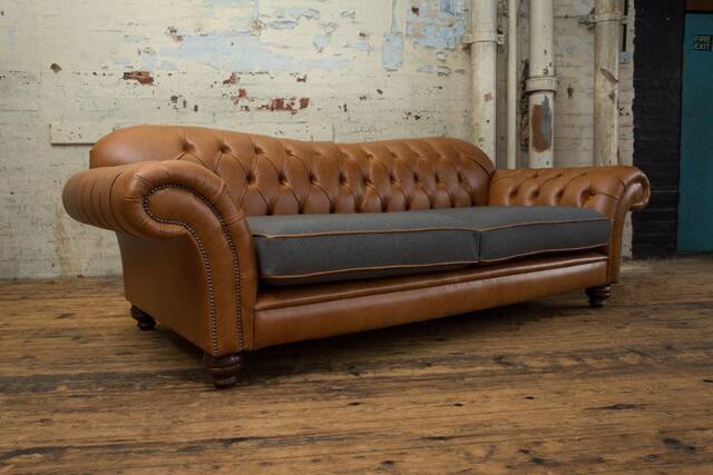 3 Seater Vintage Tan Leather Chesterfield Sofa, Dark Grey Wool, British Handmade - image 1