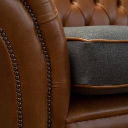 3 Seater Vintage Tan Leather Chesterfield Sofa, Dark Grey Wool, British Handmade - thumbnail 2