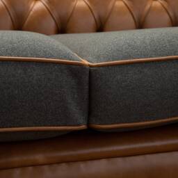 3 Seater Vintage Tan Leather Chesterfield Sofa, Dark Grey Wool, British Handmade - thumbnail 3
