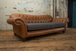 3 Seater Vintage Tan Leather Chesterfield Sofa, Dark Grey Wool, British Handmade