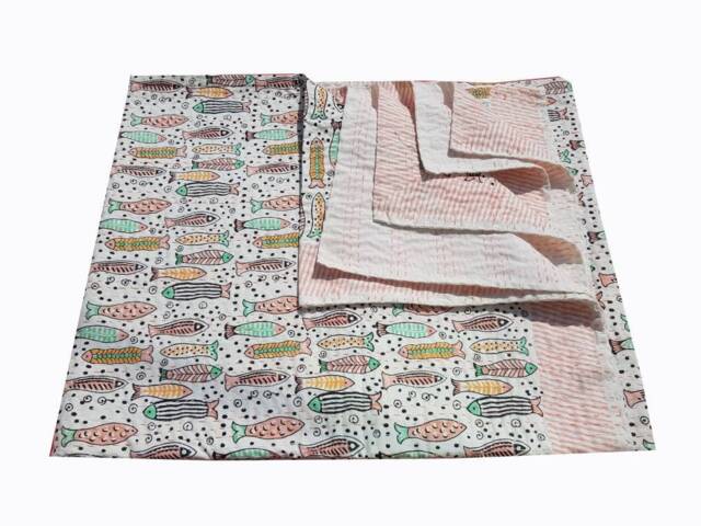 New Multicolor Fish Printed Kantha Quilt Pure Cotton Blanket 108x90 Queen Size Throw - image 1
