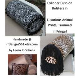 Animal Print Bed Bolster, Round Cylinder Pillow With Fringe - thumbnail 3