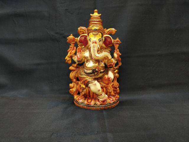 Ganesha Statue, Hand Painted Cultured Marble Dust Gold Work Lord Idol. Hindu Mandir Temple Altar Yoga Studio Religious Home Decor - image 1