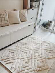 Ivory Fluffy Area Rug - Cream Boho Bedroom Carpet, Large Minimalist Decorative Floor Rug, White Living Room - thumbnail 1