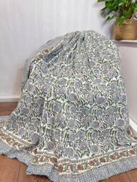 Kantha Stitch Pure Cotton Reversible Bed/Sofa Throw King Size - Handmade Handprinted Country Dohar Elegant White Green Black Brown Swirl - thumbnail 1