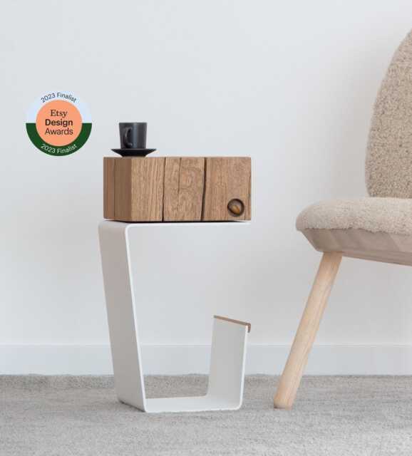 Solid Oak Nightstand With White Metal Base, Etsy Design Awards Finalist - Minimalist Side Table - image 1