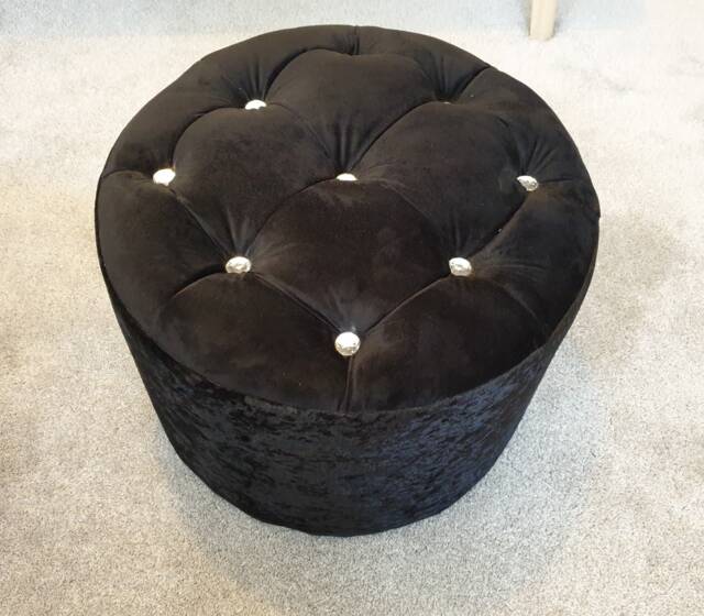 Footstool Handmade Black Valvet Fabric With Crystal Design 49cm Round Solid Strong Qulity Frame Pouffee Seat UK - image 1