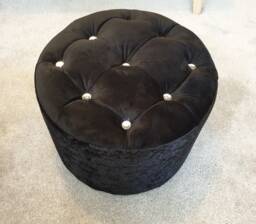 Handmade Black Velvet Footstool With Crystal Design - 49cm Round Pouf