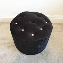 Footstool Handmade Black Valvet Fabric With Crystal Design 49cm Round Solid Strong Qulity Frame Pouffee Seat UK - thumbnail 2