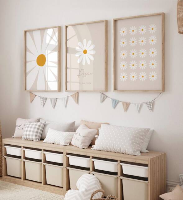 Neutral Daisy Prints - Set Of 3, Beige Nursery, Baby Print, Nursery Prints, Wall Art, Kids Bedroom, Flower Girls Room - image 1