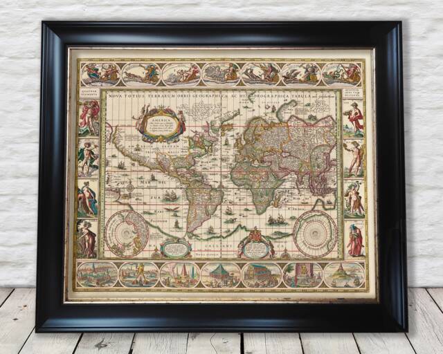 Willem Blaeu 1635 World Map Print Sea Monsters & Wonders - Exceptional Quality 230Gsm Framed, Unframed Free Standard Delivery - image 1