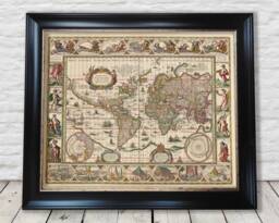 Willem Blaeu 1635 World Map Print Sea Monsters & Wonders - Exceptional Quality 230Gsm Framed, Unframed Free Standard Delivery - thumbnail 1