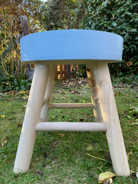 Hand Painted Wooden Stool Blue Milking Seat, Rustic Decor - image 1