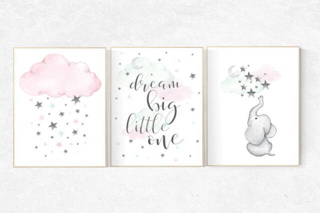 Elephant Nursery Decor Pink Mint Wall Art Prints - image 1