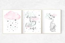 Elephant Nursery Decor Pink Mint Wall Art Prints - thumbnail 1