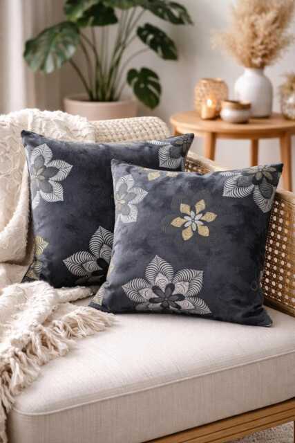Charcoal Grey Floral Cushion Cover - Gold Geometric Pillowcase - 18x18 - image 1