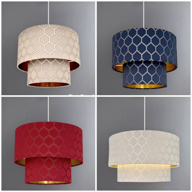 New Luxury High Quality Two Tier Midnight Blue , Cream, Grey Red Geometric Silk Lamp Shades Pendant Shade With Golden Lining - image 1
