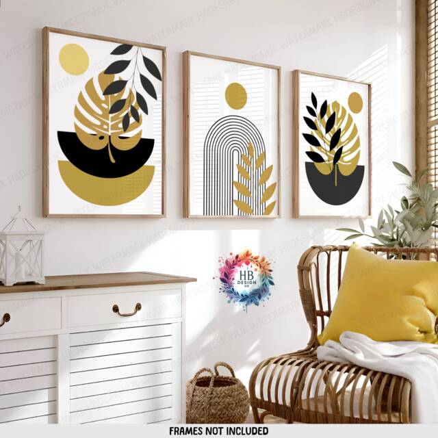 Gold Boho Prints - Set Of 3 Wall - Black Decor Living Room Posters Bedroom Artwork Home Hangings Botanicals - image 1