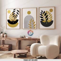 Gold Boho Prints - Set Of 3 Wall - Black Decor Living Room Posters Bedroom Artwork Home Hangings Botanicals - thumbnail 2
