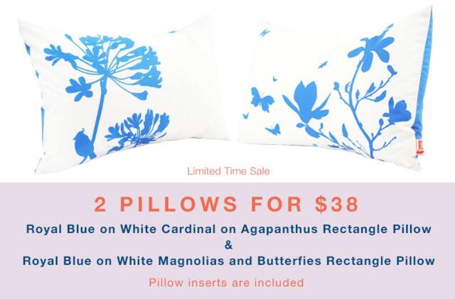 2 Royal Blue Floral Pillows Silkscreened Cotton, 12x18 - Inserts Included - image 1