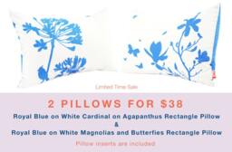 2 Royal Blue Floral Pillows Silkscreened Cotton, 12x18 - Inserts Included - thumbnail 1