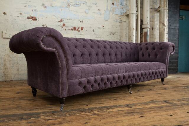 British Handmade 4 Seater Aubergine Purple Velvet Chesterfield Sofa - image 1