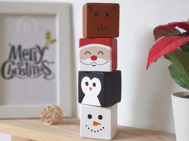 Christmas Wood Block Set, Wooden Tier Tray Cute Home Decor/Santa Claus, Snowman, Reindeer & Penguin Xmas Sign - image 1