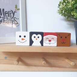 Christmas Wood Block Set, Wooden Tier Tray Cute Home Decor/Santa Claus, Snowman, Reindeer & Penguin Xmas Sign - thumbnail 4