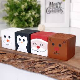 Christmas Wood Block Set, Wooden Tier Tray Cute Home Decor/Santa Claus, Snowman, Reindeer & Penguin Xmas Sign - thumbnail 2
