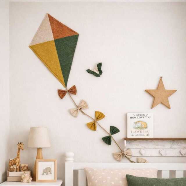 Woodland Nursery Kite Wall Hanging Autumnal Decor With Origami Butterfly, in Rich Earthy Tones - image 1