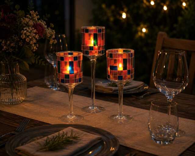 Stemmed Stained Glass Style Tealight Holders Set Of 3 - image 1