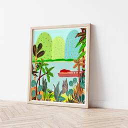 Tropical Scene Print, Original Art Mountain Art, Wall Decor, Jungle Illustration, Forest River Tropical Illustration - thumbnail 2