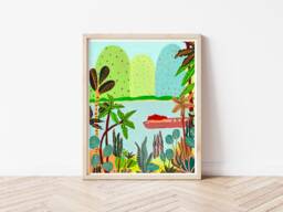 Tropical Scene Print, Original Art Mountain Art, Wall Decor, Jungle Illustration, Forest River Tropical Illustration - thumbnail 1