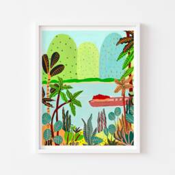 Tropical Scene Print, Original Art Mountain Art, Wall Decor, Jungle Illustration, Forest River Tropical Illustration - thumbnail 3