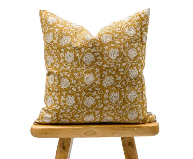 Designer Floral Yellow Mustard On Natural Linen Pillow Cover, Cover, Boho Pillow, Decorative Pillow Cover - image 1