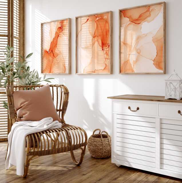 Orange Bedroom Wall Prints, Marble Set Of 3 Posters, Art, Decor, Fluid Abstract Art 2880 - image 1