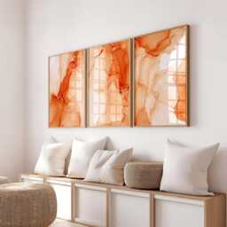 Orange Bedroom Wall Prints, Marble Set Of 3 Posters, Art, Decor, Fluid Abstract Art 2880 - thumbnail 2