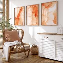 Orange Bedroom Wall Prints, Marble Set Of 3 Posters, Art, Decor, Fluid Abstract Art 2880 - thumbnail 1