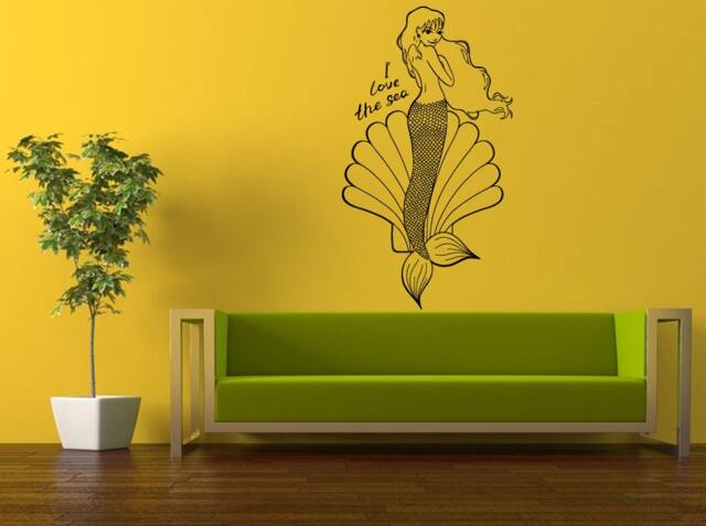 Wall Decal Vinyl Sticker Decals Interior Decor Diy Free Shipping I Love The Sea Words Phrase Shell Beautiful Girl Mermaid L529 - image 1