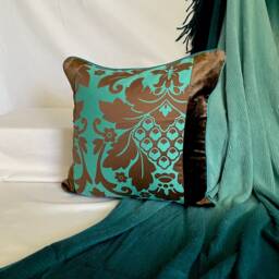 "Bohemian Cut Velvet Pillow Cover Teal & Brown Designer Cushion - 20""x 20" - thumbnail 3