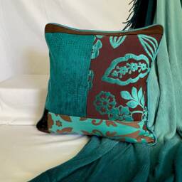 "Bohemian Cut Velvet Pillow Cover Teal & Brown Designer Cushion - 20""x 20" - thumbnail 2