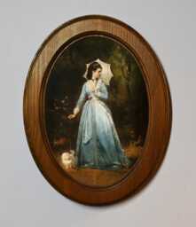 Light Oak Oval Wooden Framed Picture, Pierre Auguste Cot, Young Lady Walking Her Dog, Art Print, Wall Hanging Antique Vintage Style - thumbnail 1