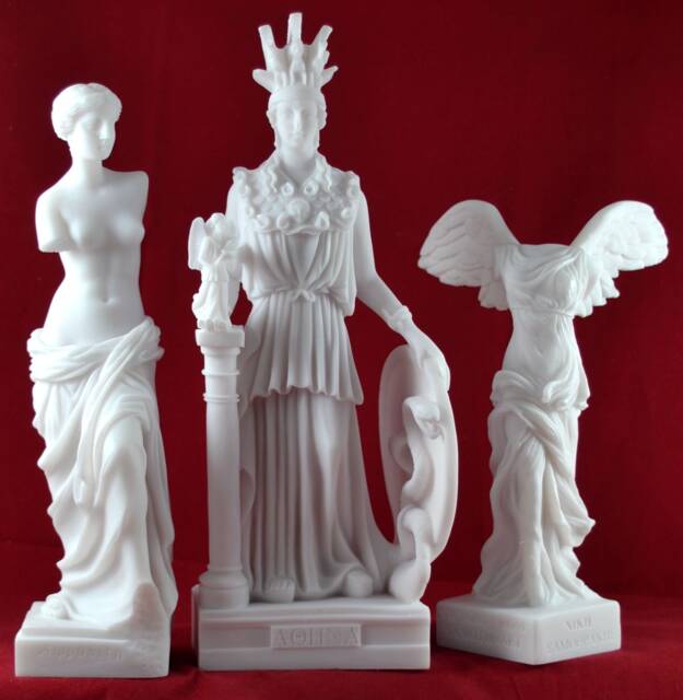 Set Of 3 Greek Goddess Statues, Athena, Aphrodite, Nike, Cast Marble - image 1