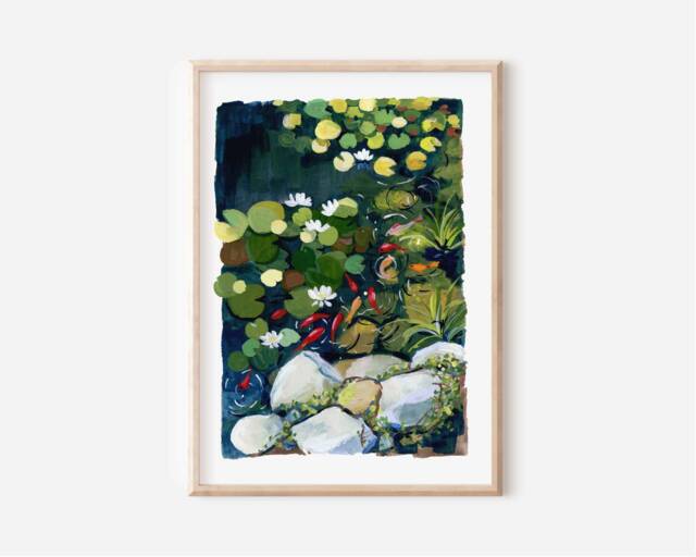 Koi Fish Pond Art Print Vibrant Lotus, Summer Wall Decor - image 1
