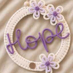 Personalized Knitted Wire Name & Macramed Floral Hoop, For Bedroom, Or Nursery Wall Decor - thumbnail 1