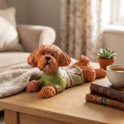 Hand Carved Wooden Poodle Figurine, Whimsical Dog in Green Sweater, Rustic Pet Memorial Art, Unique Gift For Lovers & Moms - thumbnail 4